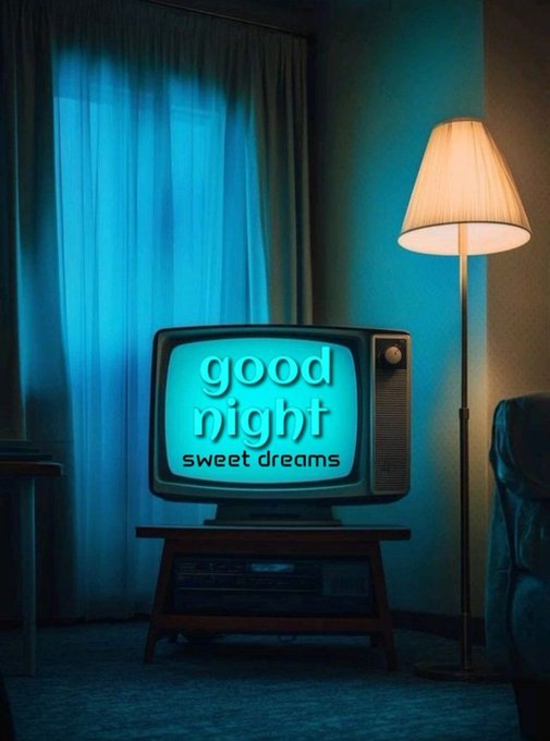 A retro-style vintage television set displays the glowing cyan text 'good night sweet dreams' on its screen, set in a dimly lit blue-toned room with curtains and a floor lamp.