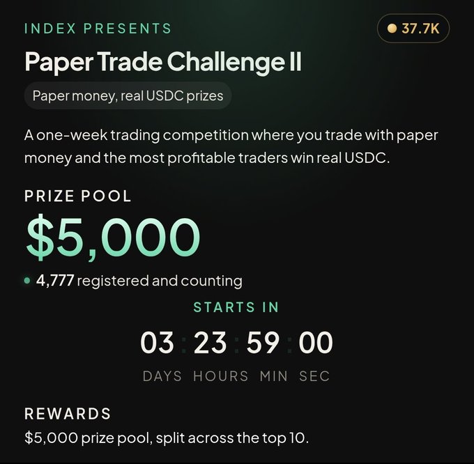 A promotional graphic for 'INDEX PRESENTS Paper Trade Challenge II' featuring a $5,000 USDC prize pool and a countdown timer.
