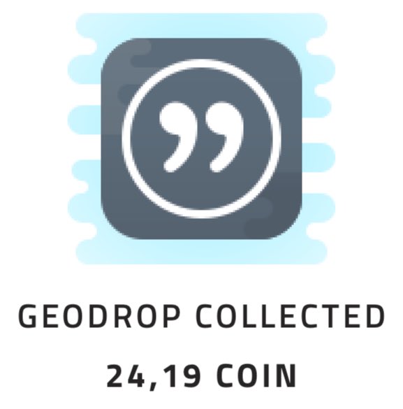 An icon showing a quotation mark on a stamp-like design with the text 'GEODROP COLLECTED 24,19 COIN'.