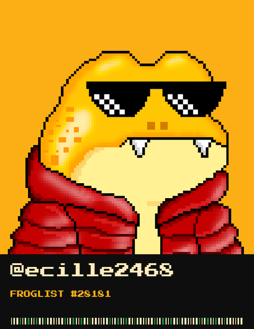A pixel art illustration of a yellow frog wearing 'deal with it' style sunglasses and a red puffy jacket on an orange background, with text reading '@ecille2468' and 'FROGLIST #28181'.