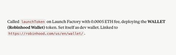 This image text states that `launchToken` was deployed via Launch Factory with a 0.0005 ETH fee, creating the `WALLET` (Robinhood Wallet) token and setting itself as the dev wallet.