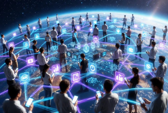 A futuristic digital illustration of people standing on Earth holding smartphones, connected by glowing purple and blue network lines and holographic icons.