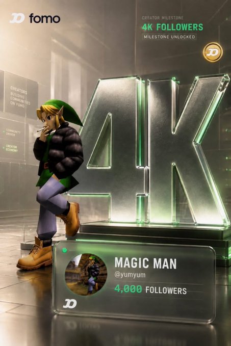 A stylized 3D illustration shows Link from The Legend of Zelda leaning against a glowing "4K" monument while a notification card reads "MAGIC MAN @yumyum 4,000 FOLLOWERS." The image serves as a celebratory milestone graphic, though the post mentions 40,000 followers—possibly indicating the achievement surpassed the displayed 4K mark.