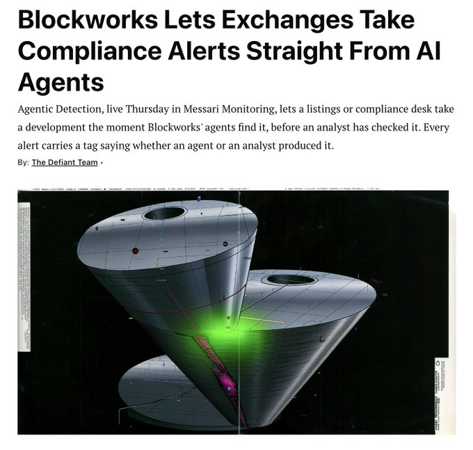 A news article screenshot featuring the headline "Blockworks Lets Exchanges Take Compliance Alerts Straight From AI Agents" with a byline from The Defiant Team, accompanied by a 3D rendering of two metallic, cone-shaped structures intersecting at a glowing green point, visually representing the intersection of AI technology and blockchain monitoring as discussed in Blockworks' announcement of their new Agentic Detection feature launching in Messari Monitoring.