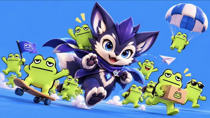 A 3D-rendered cartoon character resembling a feline warrior flies through a blue sky, accompanied by a group of green frogs engaging in various activities like skateboarding and parachuting.