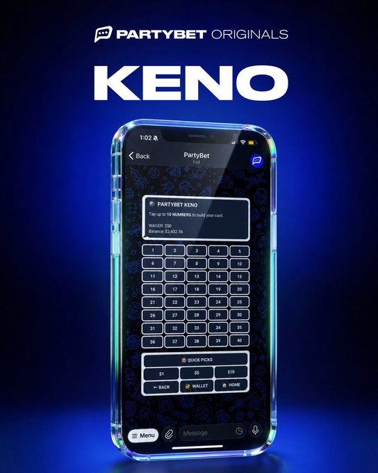 A promotional graphic for 'PARTYBET ORIGINALS KENO' showing a smartphone displaying the game's betting interface with number selections.