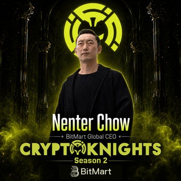 Promotional poster for CryptoKnights Season 2 featuring BitMart Global CEO Nenter Chow, displayed against a dark background with a glowing yellow signal/wifi-style emblem above his head. The poster highlights his role as a judge for the upcoming season, aligning with the post's announcement of the show featuring real founders pitching to tough judges.