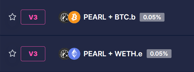 The image shows two columns of text, each displaying a different cryptocurrency symbol or name along with its corresponding value. The first column has "Pearl" and "BTC", while the second column displays "WETH" and "0.5". These symbols represent various cryptocurrencies such as Bitcoin (BTC) and Etherium (ETH). The image also includes a star icon, which could be used to indicate a feature or button related to cryptocurrency trading or investment.