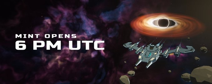 A promotional graphic announcing 'MINT OPENS 6 PM UTC' featuring a spaceship and a black hole against a purple space nebula background.