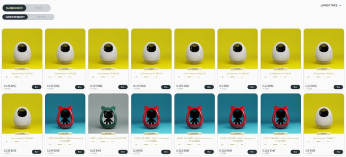 The image shows a marketplace listing grid displaying 16 Anco cameras priced between $0.099 and $0.289 BND, mostly featuring yellow-background thumbnails of the basic white dome design alongside several "Unicorn" and "Light of the Way" edition variants. This visually supports the accompanying post's claim about the limited supply of Ancos available, specifically illustrating the 15 units under $200 referenced alongside the #SyFu ticker discussion.