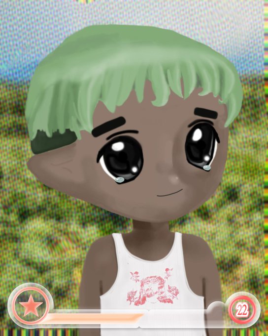A smiling 3D avatar with green hair and dark skin wears a white tank top with a pink rose design, featuring health bars at the bottom.