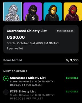 The image shows a "Guaranteed Shiesty List" NFT minting page priced at US$0.00, starting October 6 at 4:00 PM GMT+1, with a 1 per wallet limit and 0 out of 3,333 items minted so far. The post references the mint event, noting the user and "Luminates" will be participating in the free NFT drop.