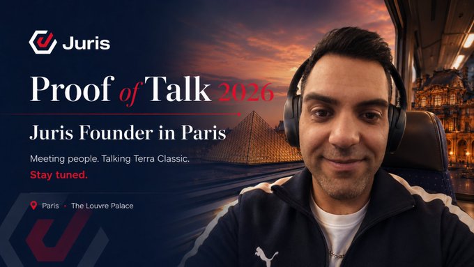 The image features a man wearing headphones and smiling at the camera while sitting inside a train car. The background shows a cityscape with buildings and a sunset, creating an atmosphere of travel or leisure. The caption for the image reads "Juris Protocol is heading to Paris for @proofoftalk 2026", indicating that the post is related to the upcoming event in Paris.