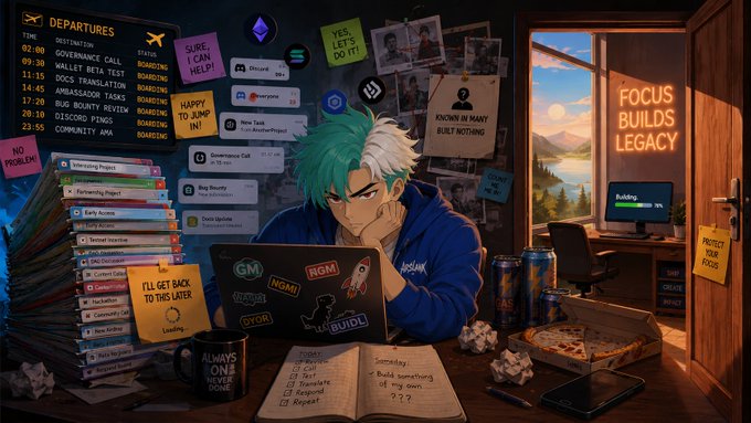 An anime-style illustration shows a green-and-white-haired developer overwhelmed at a cluttered desk with a "DEPARTURES" board listing tasks like "GOVERNANCE CALL," "WALLET BETA TEST," "DOCS TRANSLATION," "AMBASSADOR TASKS," "COMMUNITY REVIEW," "DISCORD TASKS," and "COMMUNITY AMA," surrounded by motivational notes such as "YES LET'S DO IT!" and "KNOW IN MANY BUT NOTHING." The scene visually echoes the post's theme of a crypto contributor stretched thin across endless side gigs, embodying the burnout of never saying no.
