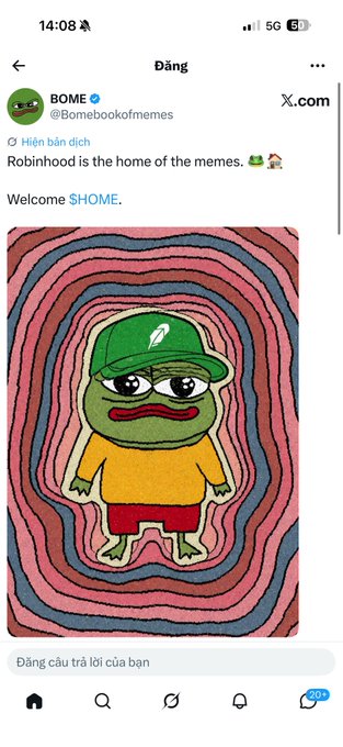 A screenshot of an X.com (Twitter) post from user @Bomebookofmemes displaying a Pepe the Frog meme with a green cap, yellow shirt, and red shorts against a swirly pink and blue background, with text 'Robinhood is the home of the memes. Welcome $HOME.'