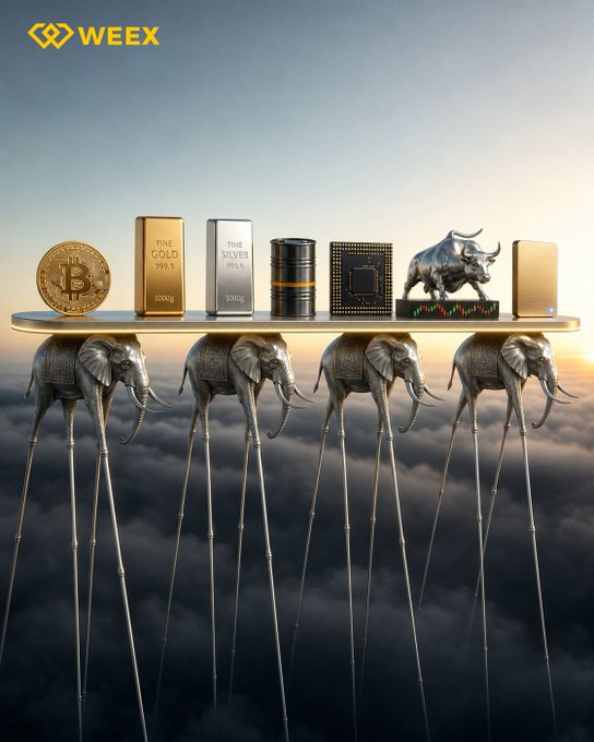 A surreal WEEX promotional image showing gold and silver bars, a Bitcoin coin, an oil barrel, a chip, and a bull figurine balanced on a platform supported by elephants on stilts floating above the clouds.