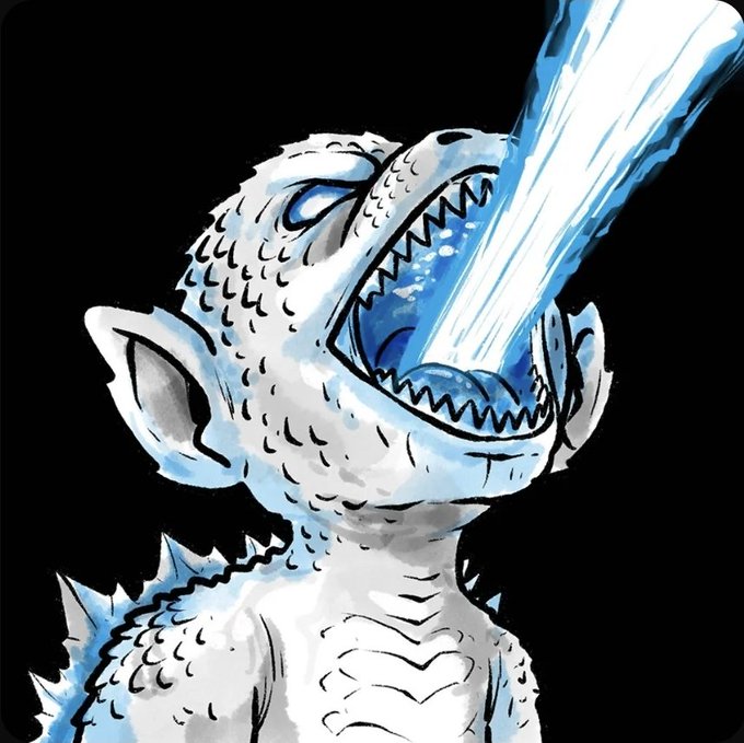 The image features a cartoon depiction of a monster with its mouth open wide, spewing water from its teeth. The monster appears to be a white creature with a long neck and tail, giving it an intimidating appearance. The monster's mouth is wide open, revealing its sharp teeth as it spews the water out. The background of the image is black, which contrasts with the white color of the monster and makes it stand out even more.