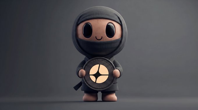 A cute cartoon ninja character with a smile holds a gold $ASTER coin in front of its chest, fitting the "$ASTER #coded" theme of a stealthy crypto brand mascot.
