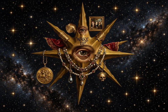 A surreal digital artwork featuring a golden star-shaped emblem with an eye in the center, the text 'WAKE UP', a small framed picture, jewelry, and a skull against a cosmic galaxy background.