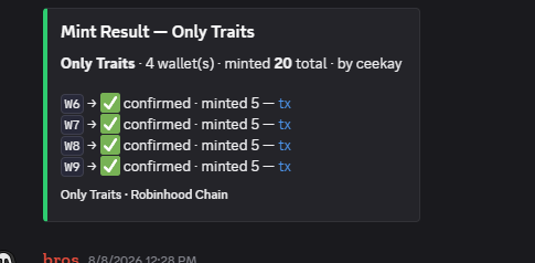 A Discord message titled "Mint Result — Only Traits" confirms that 20 total Only Traits NFTs were minted by user ceekay, distributed evenly across wallets W6-W9 with 5 mints each on the Robinhood Chain. The message relates to the post by showing proof of the user's early mint of Only Traits, which has since experienced significant price appreciation.