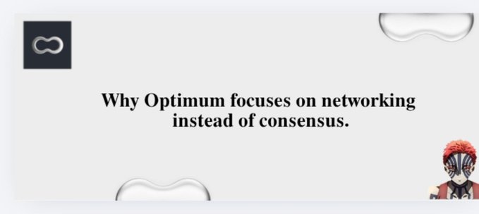 A title slide reading "Why Optimum focuses on networking instead of consensus" featuring a masked character with red hair in the bottom right corner.