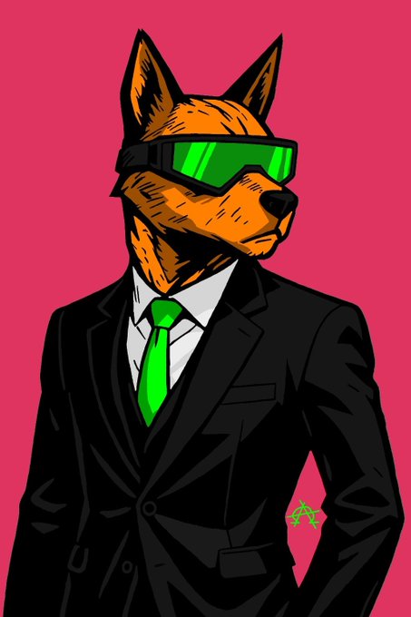 An illustrated anthropomorphic dog character wearing a black suit, green tie, and green-tinted sunglasses against a pink background.