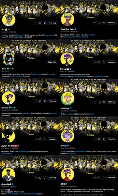 Twitter profile cards for various NFT/Web3 figures (MJ, SAM SV, Markii, ALIEN WHO?, Gpee Etuk, Certified Cruz, Darey, Hollyboy, Ilio, ABU) with a 'VANDUARD' banner.