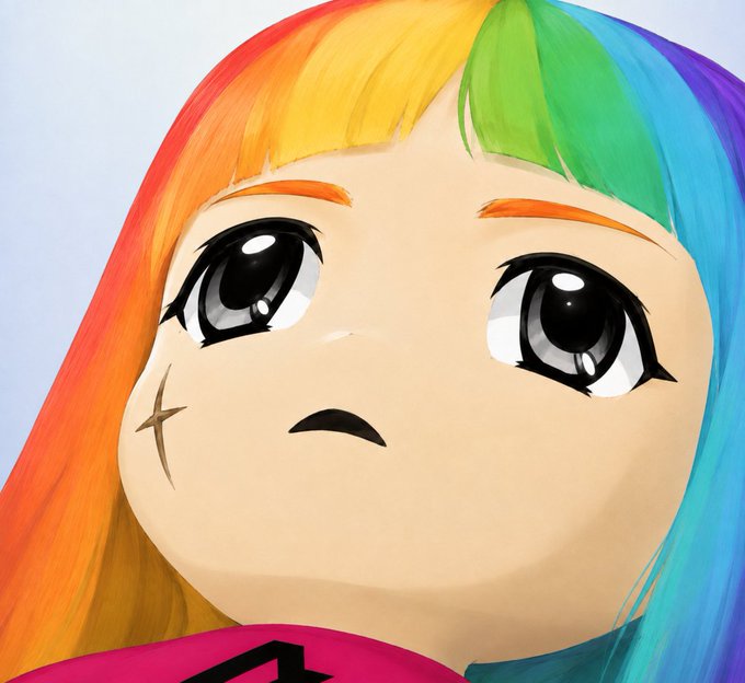 A drawing of an anime-style character with rainbow-colored hair, large expressive eyes, and a small frown, with an 'X' mark on the cheek.