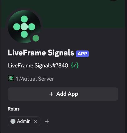 The image shows the Discord interface for "LiveFrame Signals#7840," an APP with 1 Mutual Server and an "Admin" role. It relates to the post by highlighting the platform's Telegram integration and creator marketplace as part of LiveFrame's onchain ad network and partner payment system.