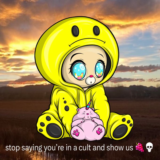 An anime-style illustration of a cute character in a yellow frog hoodie with large blue eyes, holding a small pink unicorn plushie against a sunset background, with text reading 'stop saying you're in a cult and show us' followed by grape and skull emojis.