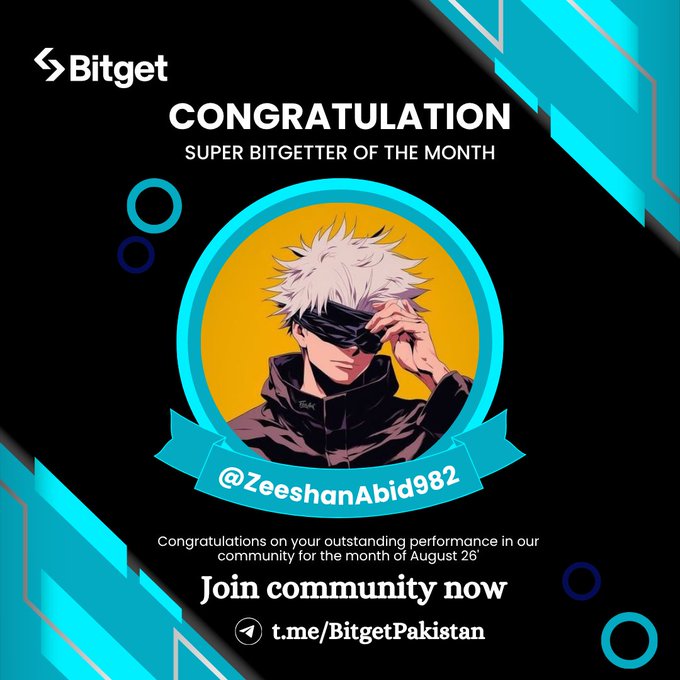 Bitget promotional graphic congratulating '@ZeeshanAbid982' as 'SUPER BITGETTER OF THE MONTH' featuring an anime character with white hair and a blindfold.