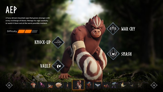 A video game character selection screen featuring an ape-like creature labeled 'AEP' with abilities 'War Cry,' 'Smash,' 'Knock-up,' and 'Vault,' described as 'A fury-driven mountain ape that grows stronger with every exchange of blows.'