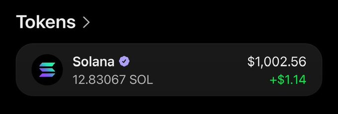 A screenshot shows a cryptocurrency wallet displaying a Solana ($SOL) balance of 12.83067 tokens valued at $1,002.56, with a green "+$1.14" gain indicator. The image serves as a visual proof of holding over 1 $SOL, aligning with the post's giveaway entry requirement.