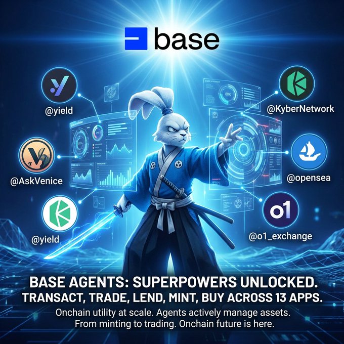 The image promotes "Base Agents: Superpowers Unlocked," featuring a blue samurai rabbit wielding a glowing sword amid holographic trading interfaces, with the Base logo prominently displayed at the top. Surrounding the central figure are circular icons representing integrated apps including @yield, @AskVenice, @KyberNetwork, @opensea, and @o1_exchange, visually reinforcing the post's message about agents now being able to transact, trade, lend, mint, and buy across 13 apps onchain.