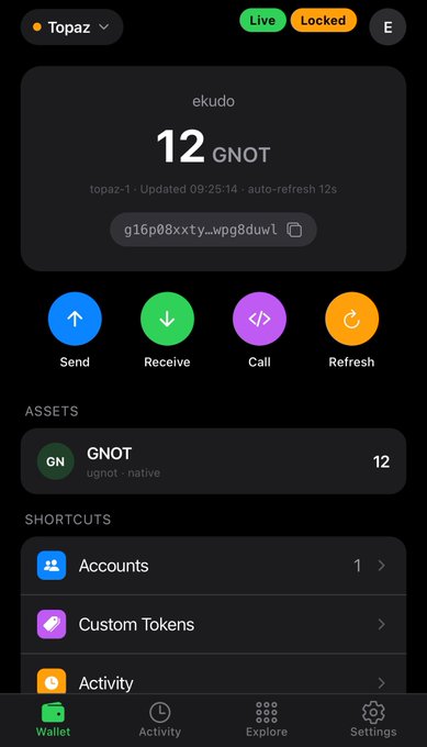 A mobile wallet interface screenshot shows a 'Topaz' account holding a balance of 12 GNOT, with options for Send, Receive, Call, and Refresh.