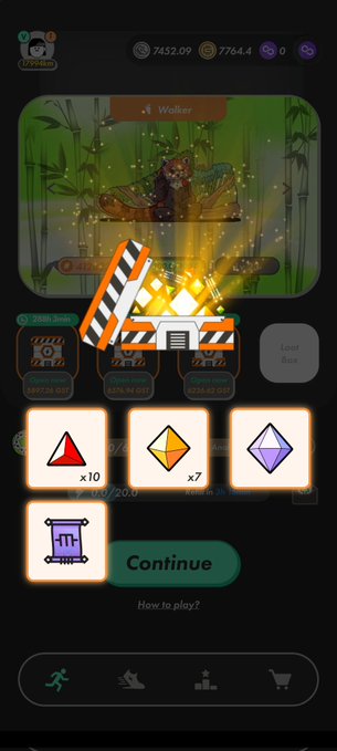 The image shows a cell phone screen displaying an app icon with a game interface, including buttons for different levels of difficulty. The background features a cartoon character from a video game. The text at the bottom of the image reads " Lv9通算17個目で3枚目のエピックミンスク出ましたぁ 今のところ1か月に1回ペースで出てくれるので、とっても嬉しいです #stepn".