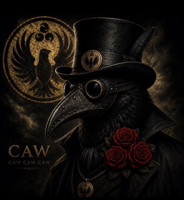 The image features a black bird with a rose-adorned neck, wearing a top hat and goggles, standing against a dark background. The bird's wings are spread out, giving the impression of flight or movement. In the bottom right corner of the image, there is text that reads "Some dreams never die. Inspired by the legend of CAW. Inspired by the community. Inspired by the hunt. #CAW #Solana". This text seems to be related to a post on social media, possibly discussing the bird's appearance or its connection to the legend of CAW.