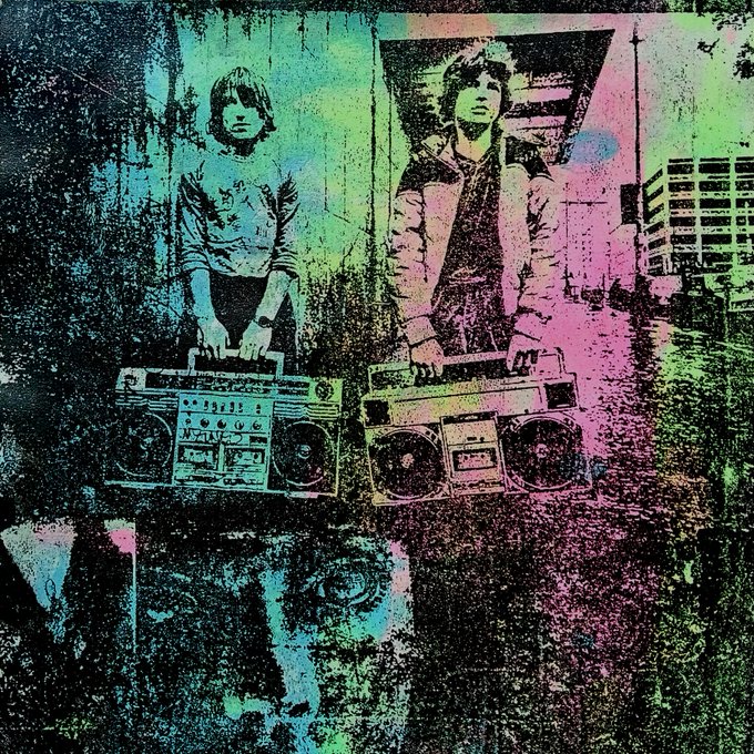 A stylized, colorful graphic features two young people holding boomboxes, with a city skyline in the background and rainbow gradient tones.