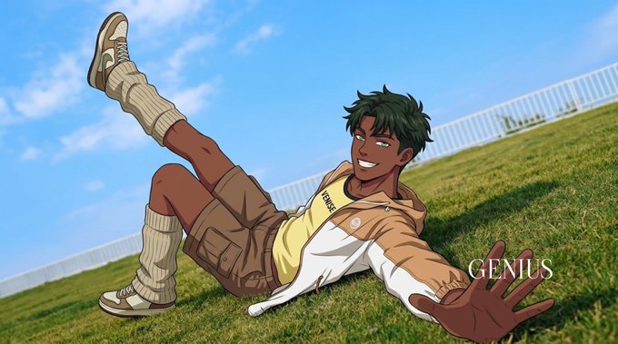 An anime-style illustration of a young man with green hair lying on grass, with the word 'GENIUS' overlaid on the image.