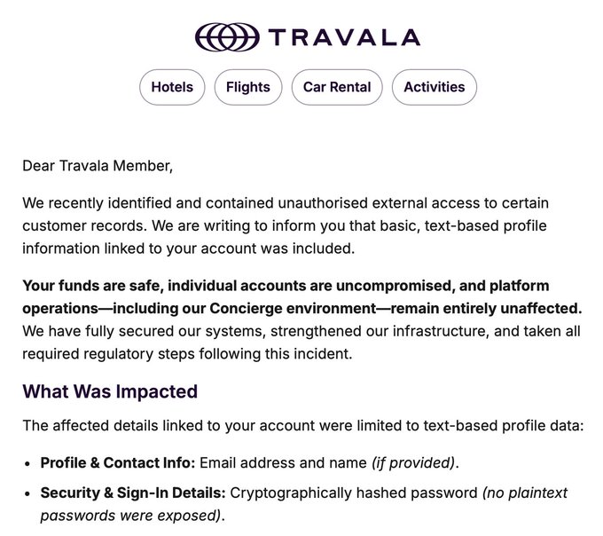 A notification from Travala, a crypto-friendly travel booking platform, informing users that their basic profile information—including names, email addresses, and cryptographically hashed passwords—was exposed in a recent unauthorized data breach, though funds and accounts remain secure. The image directly relates to the post's criticism of crypto projects' poor data security practices, as Travala is a blockchain-based travel service that failed to protect even basic user information.