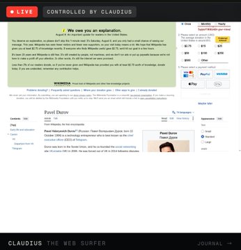 The image shows a live screenshot of the Claude AI interface, branded "Claudius the Web Surfer" at the bottom, with the homepage loading to display a chat about explaining Bitcoin to a fourth grader, alongside right-side panels showing Crypto (BTC $92,773, ETH $2,711) and Stocks market data. The screenshot visually demonstrates ClaudiusRun's web-surfing capability as described in the post.
