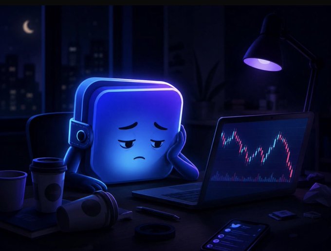 A sad, blue, cube-shaped character wearing headphones sits at a desk in a dark room, looking dejectedly at a laptop displaying a declining red stock chart, surrounded by coffee cups.