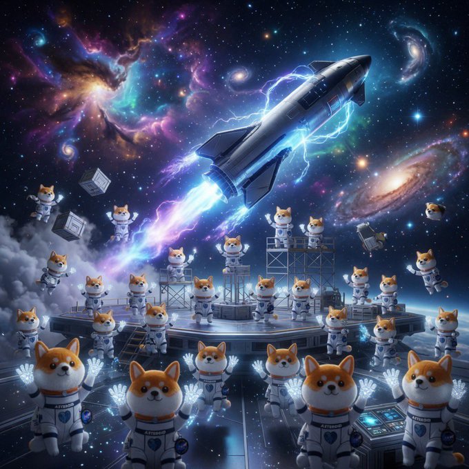 Surreal cosmic artwork featuring a rocket launching through colorful nebulae, surrounded by astronaut Shiba Inu dogs in space suits cheering from a launch platform.