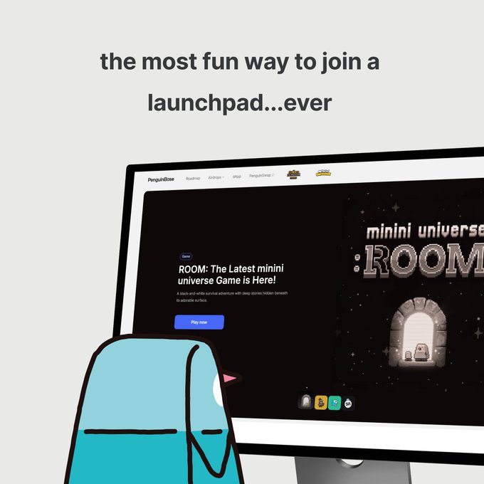 The image promotes minini universe's ROOM launchpad game with the tagline "the most fun way to join a launchpad...ever," featuring a cute blue penguin character peeking from behind a computer monitor displaying the "PenguinBase" website with the game ROOM and a "Play now" button. This visually represents the post's message of gamifying crypto through their new "minicoin" approach with Creditcoin, where users play games to earn Soulbound Tokens (SBTs) and MINI tokens at the launchpad instead of using traditional, boring crypto methods.
