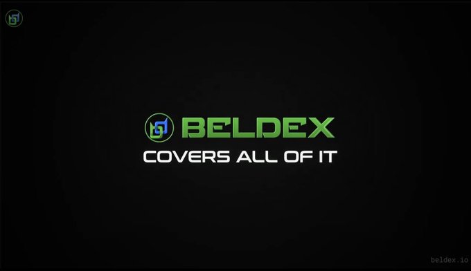 Logo screen for 'BELDEX' on a black background with green text reading 'COVERS ALL OF IT' and the URL 'beldex.io' in the corner.