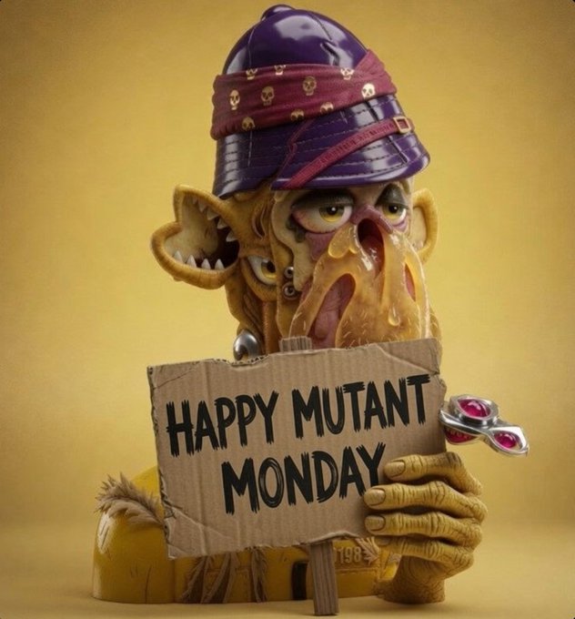 A grotesque, surreal illustration of a yellow-skinned mutant creature with large pointed ears wearing a purple hat and bandana, holding a cardboard sign that reads 'HAPPY MUTANT MONDAY.'