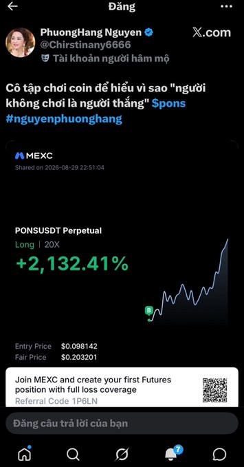 A Twitter/X screenshot from @Chirstiny6666 (PhươngHằng Nguyễn) showing a MEXC sponsored ad for $PONS Perpetual with +2,132.41% gains.