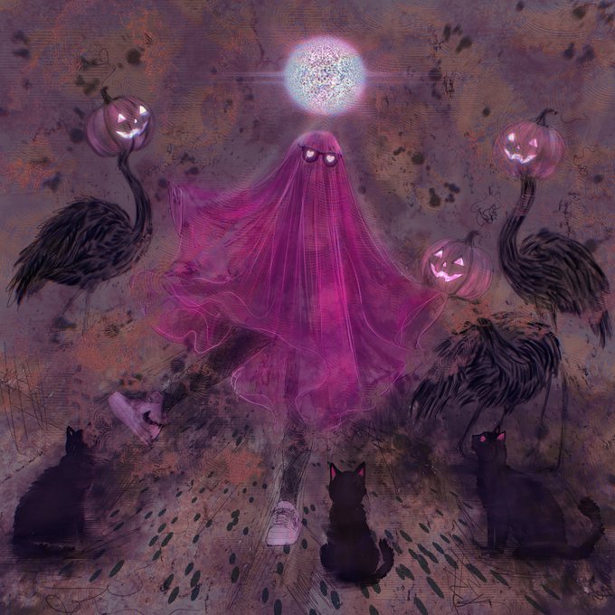 A spooky Halloween-themed illustration featuring a translucent pink ghost wearing sunglasses in the center, surrounded by flaming jack-o'-lanterns, black cats, and ostriches against a dark textured background.