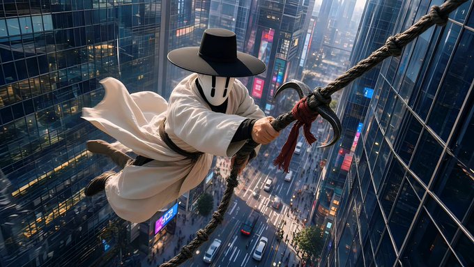 A digital artwork depicting a figure in traditional Korean white robes and a black gat hat wielding a hook weapon while suspended on a rope high above a futuristic city street.