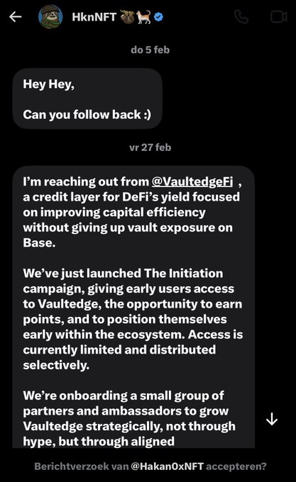 A DM conversation on Twitter/X from 'HknNFT' containing two messages: the first asking 'Hey Hey, Can you follow back :)', and the second being a promotional pitch for '@VaultedgeFi', a credit layer for DeFi on Base.